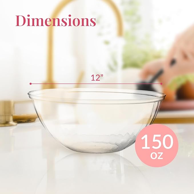 Prestee 4 Pack Clear Plastic Serving Bowls 150 Oz - Large Round Punch Bowl and Plastic Bowls for Parties, Salads, Chips, and Catering - Durable Disposable Serving Bowl for Events and Buffets