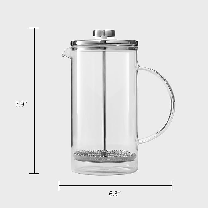Public Goods 34 oz. French Press Coffee Maker | 1 Liter High-Heat Borosilicate Glass French Press | Stainless Steel Lid | Heat-Resistant, Durable, Dishwasher Safe