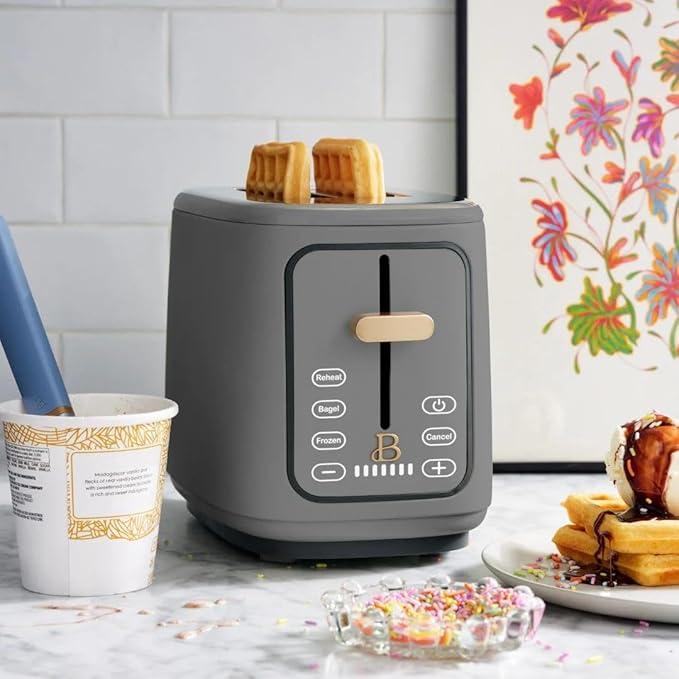 Beautiful by Drew Barrymore 2-Slice Toaster, Touch-Activated Display, 7 Shade Settings, Bagel/Frozen/Reheat Presets. (Oyster Gray)