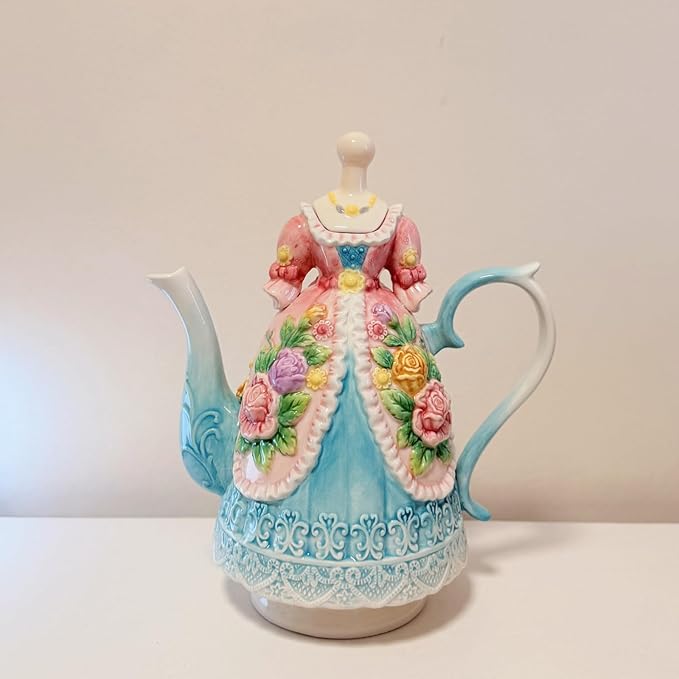 Large Ceramic Teapot and Coffee Pot with Lid, 3D Embossed Victoria Pink Rose Flowers Decorative Teapot (Multicolour)