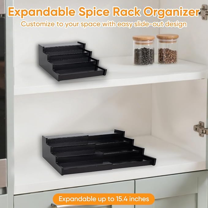 Spice Rack Kitchen Cabinet Organizer: 4 Tier Bamboo Expandable Spice Storage Display,Spice Shelves Adjustable Seasoning Organizer (Black)