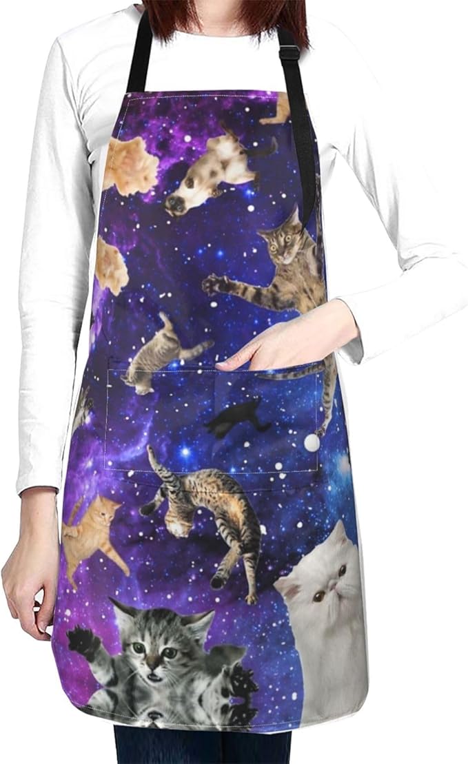 Cute Cat Apron Adjustable with 2 Pockets Cooking Kitchen Aprons for Men Women Outdoors Baking Chef Apron