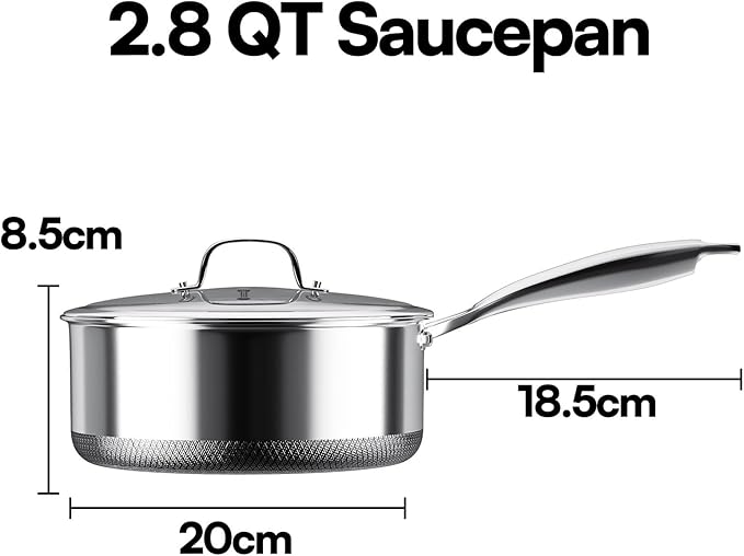 Sauce pan with Lid, KURRUNGIE 2.8 Quart Hybrid Stainless Steel Saucepan, 8-inch PFOA Free 5-Ply Stainless Steel Pans for Cooking, Induction Cookware Set Oven and Dishwasher Safe