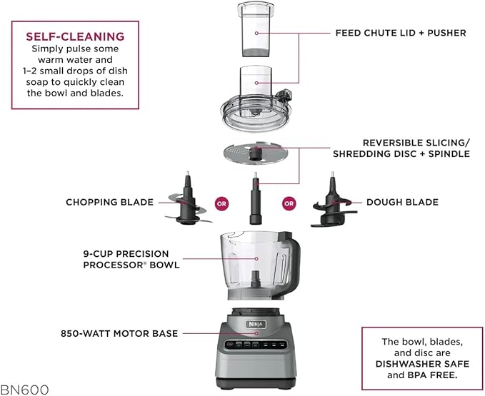 Ninja Professional Food Processor, 850 Watt motor, 9-Cup Capacity, 3 Auto iQ Preset Programs, Powerful dough mixer, Gray (BN600)