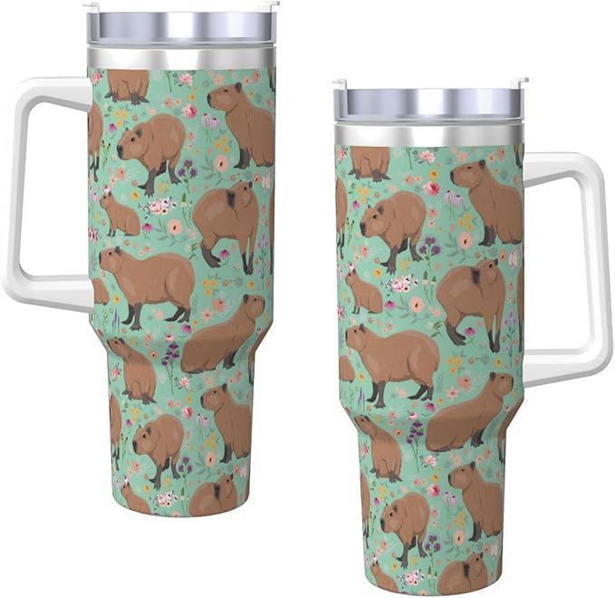 Capybara Gifts Capybara Tumbler Cute Cup Water Bottle for Girls, Teens, Women, Men Stainless Steel Vacuum Insulated 40oz Tumbler with Lid and Straw for Water, Iced Tea or Coffee, Green