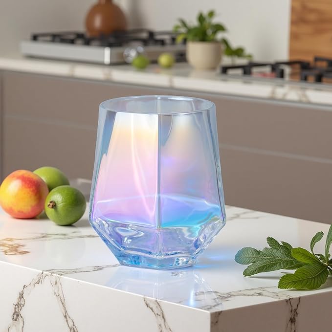 Wine Glasses Set Of 4,Stemless Wine Glass10 Oz Iridescent Glassware Modern Rainbow Wine Glass Colored Tumblers for Red Wine,Cocktail,Whiskey, Bourbon,Gift wine lovers (Iridescent)