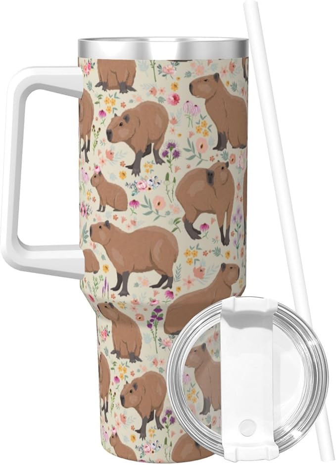 Capybara Gifts Capybara Tumbler Cute Cup for Girls, Teens, Women, Men Stainless Steel Vacuum Insulated 40oz Tumbler with Lid and Straw for Water, Iced Tea or Coffee, Beige