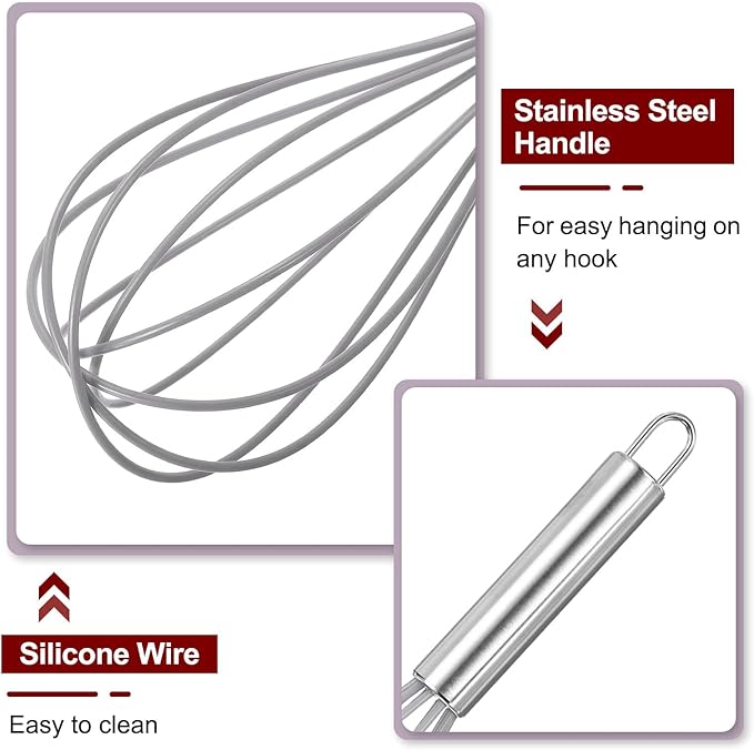 HARFINGTON 5Pcs Silicone Whisk 12" Kitchen Whisk Wire Whisks Beater with Stainless Steel Handle for Egg Milk Whisking Blending Beating & Stirring, Grey