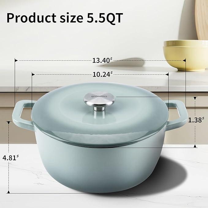 Enamel Cast Iron Dutch Oven with Lid,Dual Handles,Heavy-Duty Cookware for Sourdough Bread Baking,Braising,Stews,Roasting,Oven Safe up to 500° F,5.5QT,green