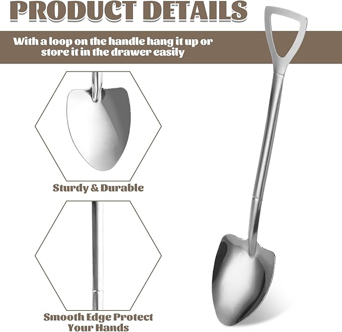 QTLCOHD 100 Pcs Shovel Spoons - 6 Inch Metal Mini Shovel Shaped Spoon Bulk for Desserts, Cupcake, Tea, Appetizer, Halloween Party, Silver