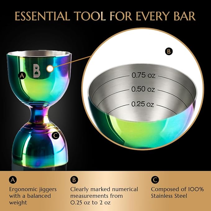 Double Bell Jigger by Bull In China - 0.25oz to 2oz Measures for Cocktails, Bars & Bartenders (Rainbow Chrome)