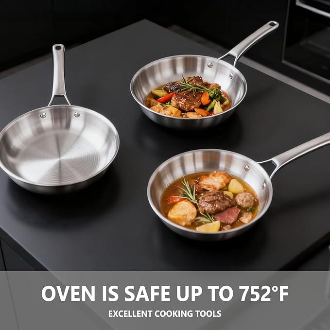 VINGLI 8'' 10'' 12'' Stainless Steel Frying Pan Set, Tri-Ply Skillets Set, Non-Toxic Chef's Pan, PFOA & PTFE Free Skillets, Compatible for All Cooktops, Dishwasher & Oven Safe (3-Pcs SKillets Set)