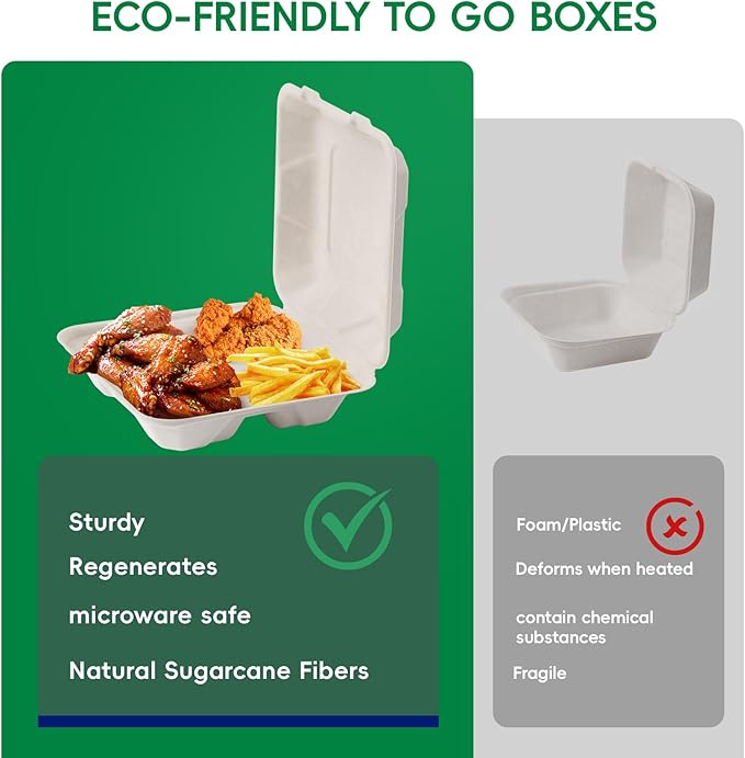 JOLLY CHEF Clamshell Take Out Food Containers, [8 * 8" 50-Pack] 3-Compartment To Go Containers Disposable, Sugarcane To Go Boxes for Salad,Lunch
