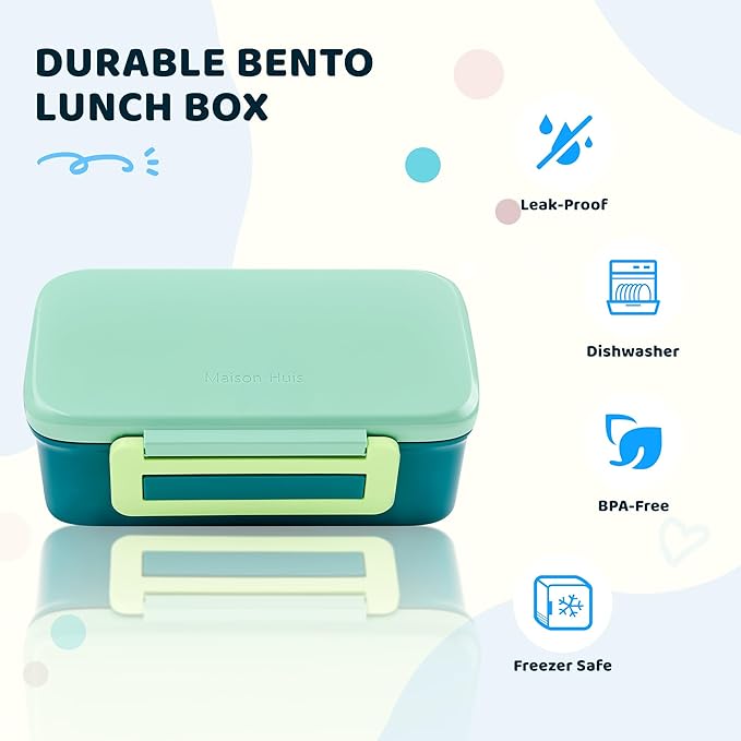 MAISON HUIS Kids Lunch Box with Thermo, Leakproof Bento Box with 8oz Insulated Food Jar, 2 Compartment Container for Back to School Girls Boys (Green)