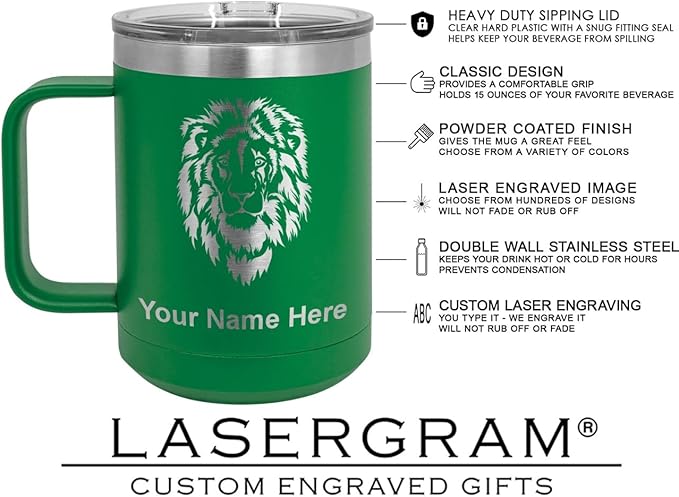 LaserGram 15oz Vacuum Insulated Coffee Mug, Sushi, Personalized Engraving Included (Green)