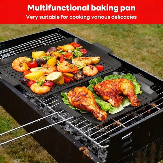 Grill pan, 2 Grilling Tray - Outdoor Grilling Baskets with Hole, Camping Barbecue Set for meat, fruits and vegetables (2 pieces)