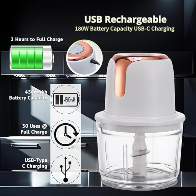 Electric Food Processor, 1.2L Cordless Meat Grinder, USB-C Rechargeable with 4500mAh Battery (Sliver)
