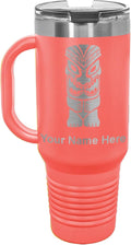 LaserGram 40oz Vacuum Insulated Travel Mug with Handle, Tiki Statue, Personalized Engraving Included (Coral)