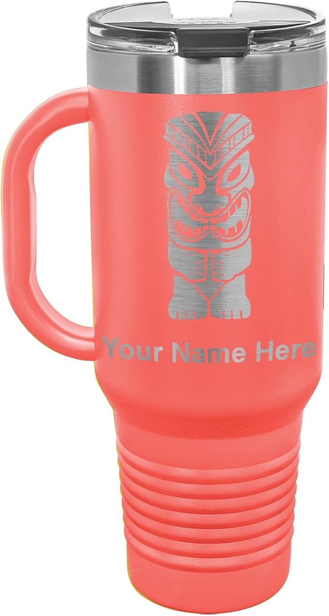LaserGram 40oz Vacuum Insulated Travel Mug with Handle, Tiki Statue, Personalized Engraving Included (Coral)