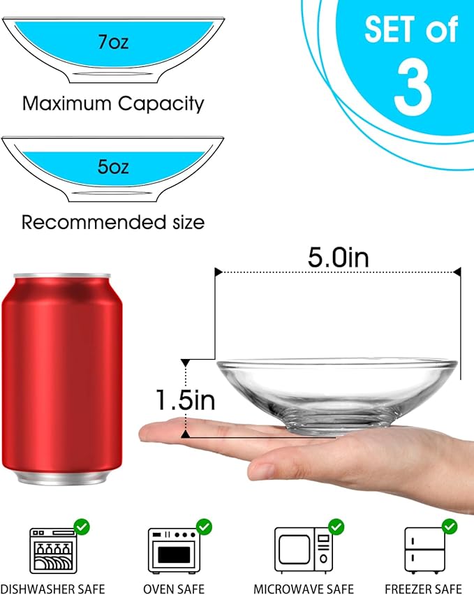 NUTRIUPS 3 Pack 5 inch Tempered Glass Snack Dishes, 5oz Small Dip Bowls, Small Candy Dishes, Mini Prep Bowls