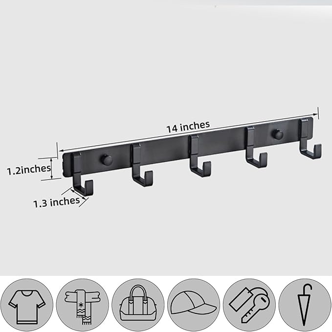 LUYU Matte Black Aluminum 5-Hook Wall Rack - 35lb Total Capacity Bathroom Organizer with Universal Anchors, 14" Space-Saving Design for Towels & Keys (2 Pack)