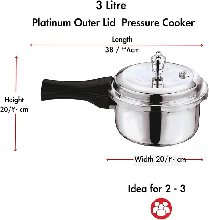 Vinod Platinum Triply Stainless Steel Outer Lid Pressure Cooker102 oz Capacity - ISI Certified, Silver, Induction Friendly, Pressure Cooker for Home Cooking