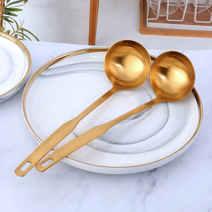 Buyer Star 2 Pcs Soup Ladle Spoons, Gold Cookware Serving Long Handle Steel Slotted Spoon Cooking Utensil Set for Hotpot