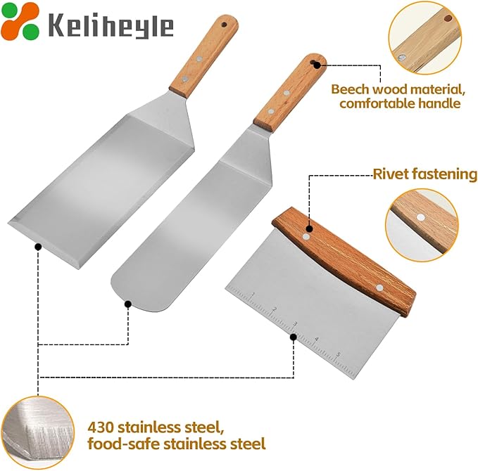 Professional Griddle Spatula Set - Stainless Steel Spatula Bread Cutter and Griddle Scraper,Flat Top Grill Accessories Set,Scraper for Outdoor Barbecue