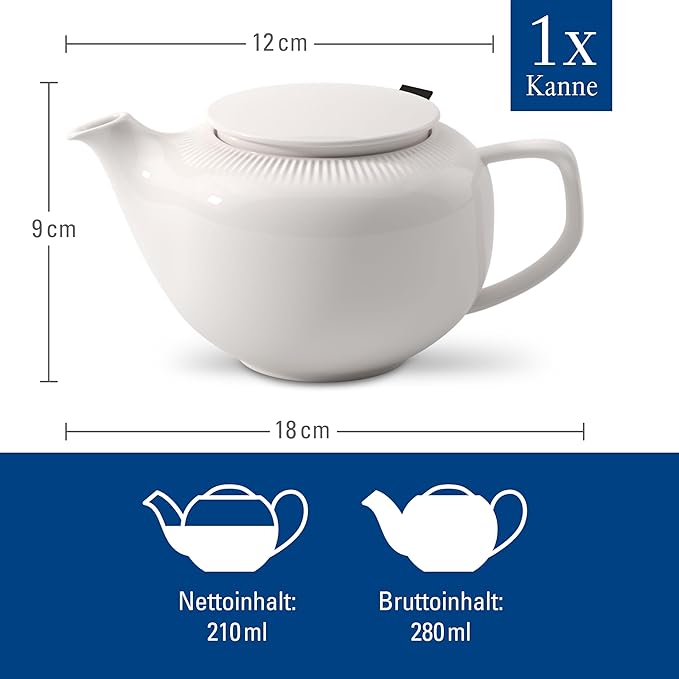 Villeroy & Boch Afina Teapot with Filter, Premium Porcelain, Made in Germany, Dishwasher and Microwave Safe, 17 oz, Loose Leaf Filter, White