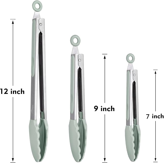 HOTEC Premium Stainless Steel Locking Kitchen Tongs with Silicon Tips, Set of 3-7", 9" and 12" (Light Green)