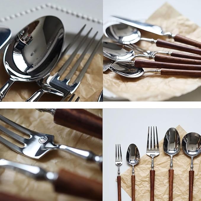 24 Piece Silverware Set Service for 4,Imitation Wooden Handle Steel Flatware Set Vintage Embossed Cutlery Utensil Set Home Kitchen Eating Tableware Set Include Fork Knife Spoon Set Dishwasher Safe