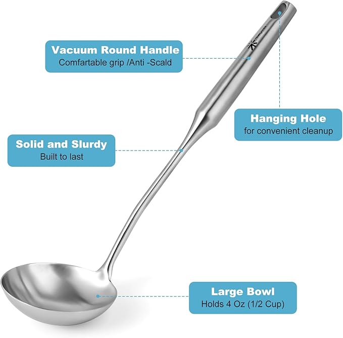 Stainless Steel Soup Ladle and Spaghetti Spoon Set - Large Ladle Spoon, Pasta Strainer, Durable Kitchen Cooking Utensils for Stirring, Serving Pasta, Soup & Sauce [Heat Resistance，Integral Forming]