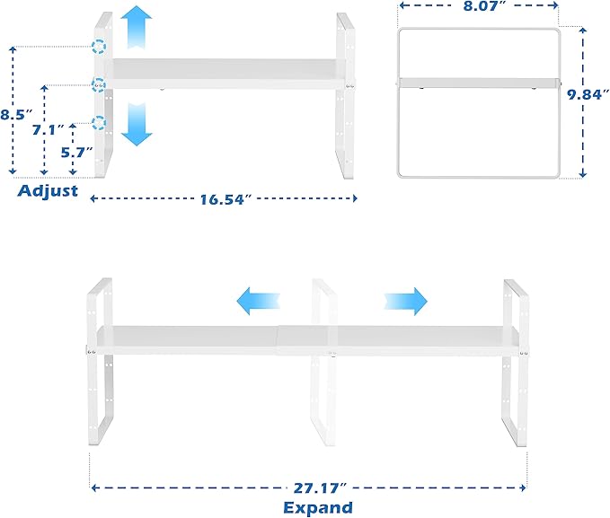 SANNO Expandable Kitchen Shelf Organizers,Cupboard Organizer Rack Space Riser Countertop Kitchen Pantry Cupboard Countertop Shelf Organizers, White, 2 pack