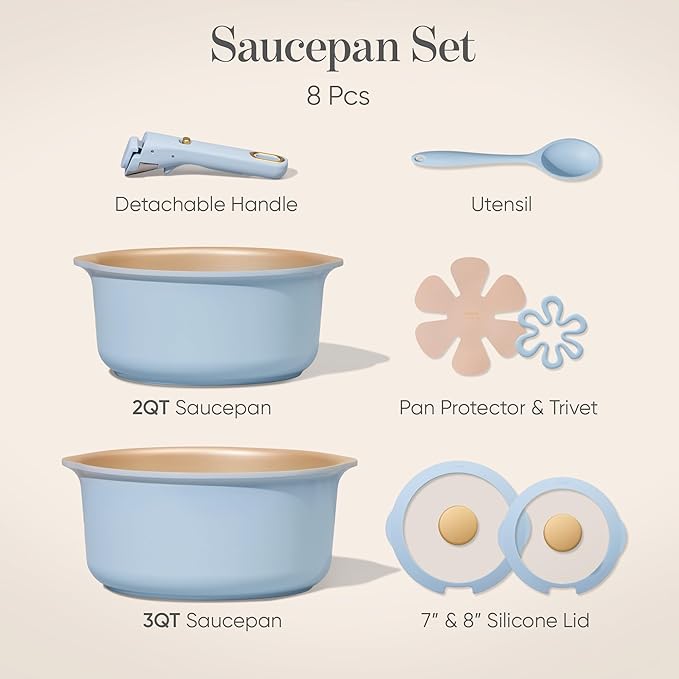 CAROTE 2.0Qt & 3.0Qt Titanium Nonstick Reinforced Sauce Pan Sets with Lid, Non-Stick Saucepans Cookware Set with Pour Spout with Detachable Handle, PFOS, PFOA Free, Induction Comptable, Blue