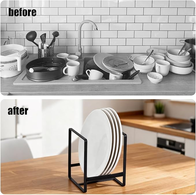 3Pcs Plate Holder Organizer - 2 Sizes Metal Upright Dish Rack for Kitchen Countertop/Cupboard | Portable Storage for Plates, Pots, Pans, Lids | Black Rustproof Counter Dish Organizer