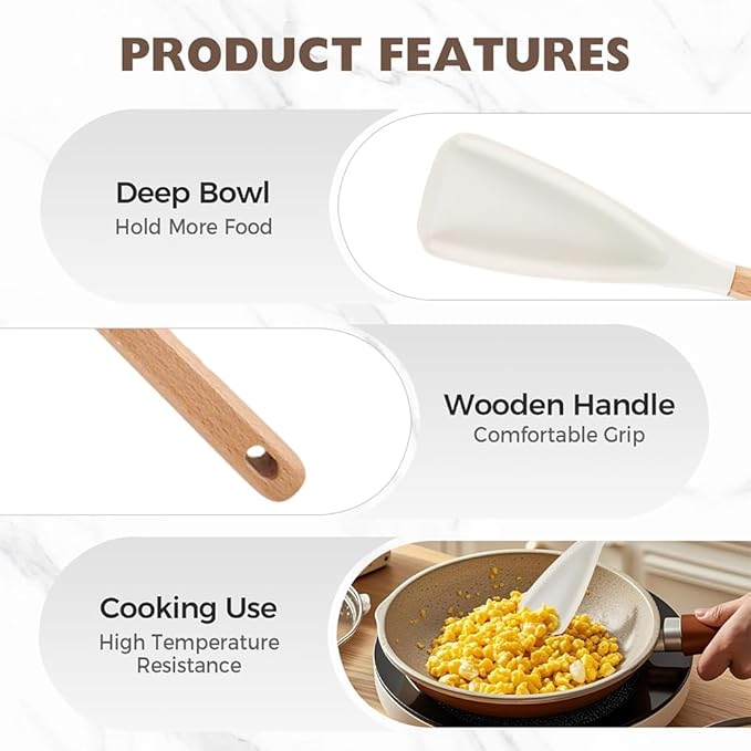 Multi-function Spatula Spoon, 2025 New Cooking Spoon for Nonstick Cookwares, Silicone Cooking Utensils for Kitchen Gadgets,Wood Handle Spoon for Mixing, Scoop, and Scrape (Black)
