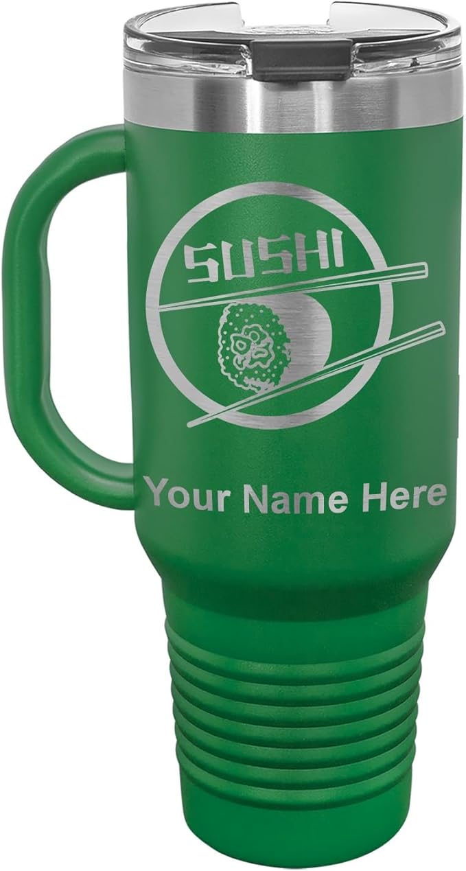 LaserGram 40oz Vacuum Insulated Travel Mug with Handle, Sushi, Personalized Engraving Included (Green)