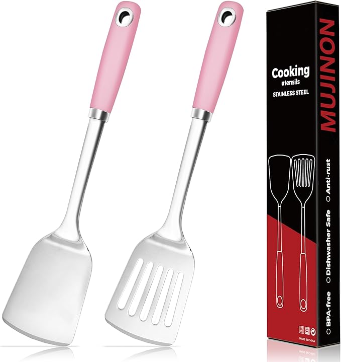 14.3-in Pink Spatula Set, 18/0 Stianless Steel Heavy Duty Turner & Slotted Spatula, Kitchen Cooking Utensils Set, High Heat Resistant, Grilling Frying Serving Food, Pack of 2