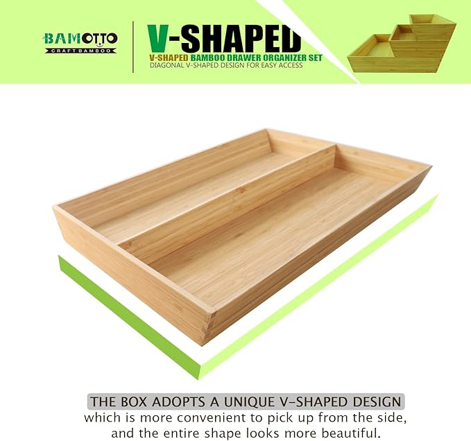 V-Shaped Bamboo Drawer Organizer Set of 3, Kitchen Large and Long Utensil Plate, Flatware & Silverware Storage Box, Wood Drawer Organizer for Bedroom, Living Room (19.6"x5.7" & 7.8" & 12.4")