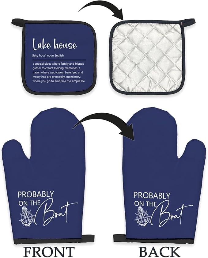 Lake House Gifts Navy Blue Oven Mitts and Pot Holders Sets, Lake Lovers Gifts Kitchen Accessories Sets Decor, Blue Probably on The Boat Heat Resistant Oven Glove Potholders for Kitchen Baking