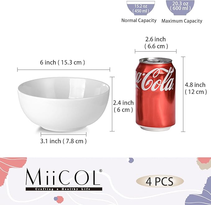 Miicol White Cereal Bowls 20 oz, Ceramic Soup Bowls Set of 4, Breakfast Bowl 6 inch, Kitchen Bowl for Pasta, Salad, Ramen, Oatmeal, Microwave and Dishwasher Safe
