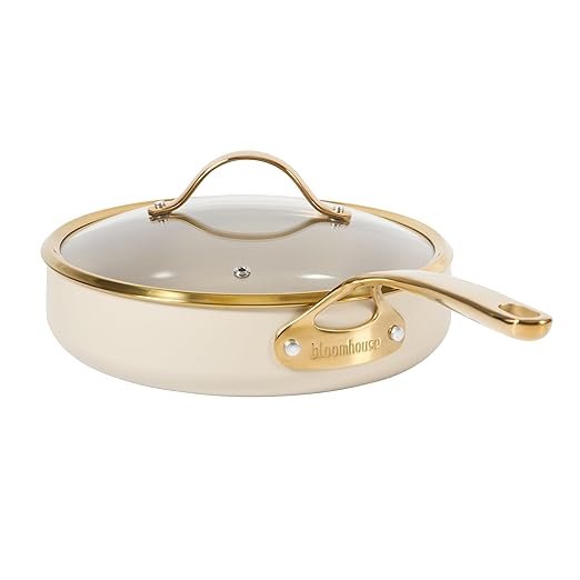 bloomhouse - Two Time Oprah's Favorite Things Winner - 10 Inch Heavy Duty Aluminum Premium PFA Free Ceramic Nonstick Saute/Deep Frying Pan Skillet with Lid - Almond Cream w/Gold Handle