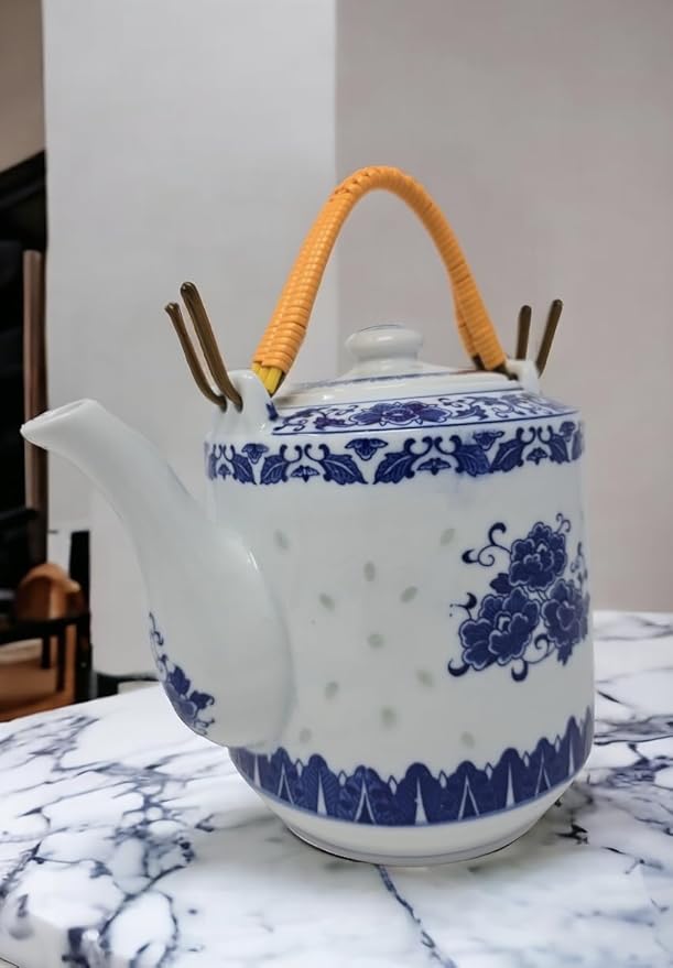 Large Teapot Blue and White Porcelain 64 OZ