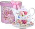 ONEUSTAR Tea for One Set Ceramic Floral Teapot and Cup Saucer Set for Women Mother's Day Birthday Gift in Reusable Handmade Gift Box, Pink