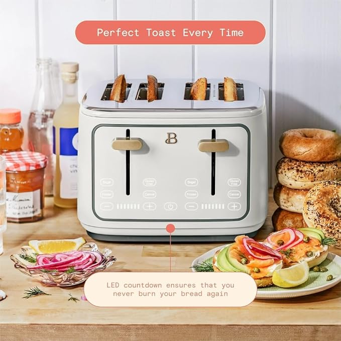 Beautiful 4-Slice Toaster by Drew Barrymore – Touch Display, Extra-Wide Slots, Bagel & Frozen Functions, Stainless Steel (White Icing)
