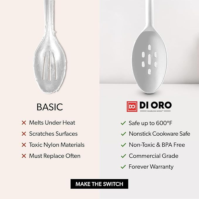 DI ORO Silicone Ladle & Spoons for Cooking – Large Kitchen Spoons for Mixing, Serving, & Stirring - Soup Ladle with Wide Bowl - High Heat Silicone Kitchen Utensils for Nonstick Cookware Safe (Stone)