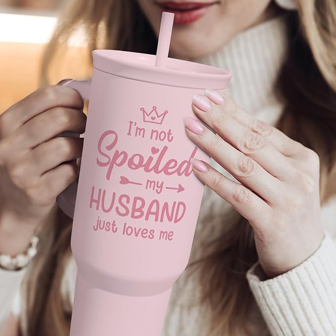 Gift for Wife from Husband, Funny Insulated Stainless Steel Tumbler 40oz with Handle and Straw - Travel Coffee Mug Gift for Wifey on Wedding Anniversary Christmas Birthday Valentine