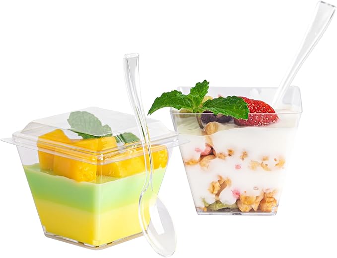 100 Pack 4 oz Mini Dessert Cups with Spoons and Lids, Clear Square Dessert Bowls Small Plastic Parfait Cups Appetizer Cups for Wedding Party