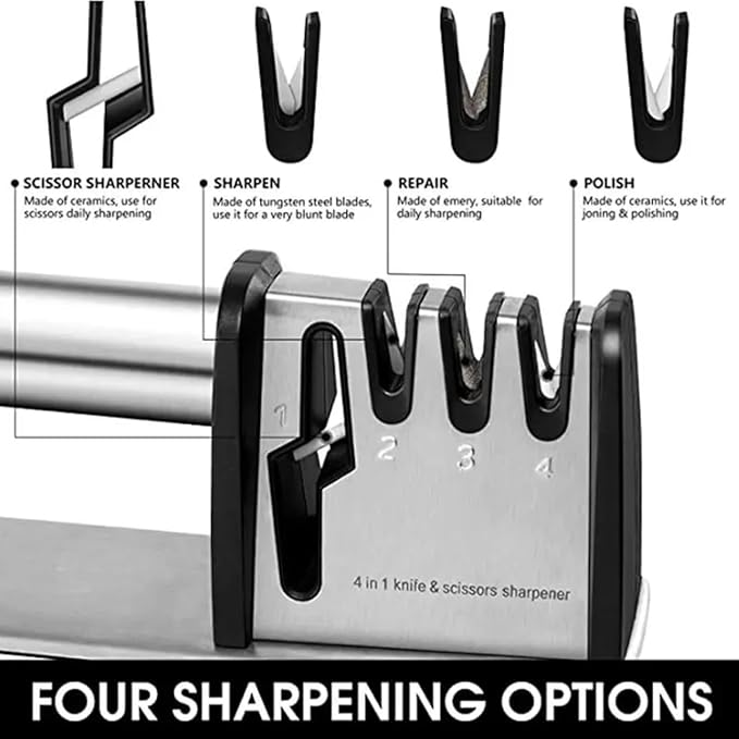 Kitchen Knife Sharpener – 4-in-1 Knife Sharpening System for Scissors, Knives, Blades – Sharpening Tool with Ergonomic Handle and Anti-Slip Base – Tungsten Steel Blade Sharpener