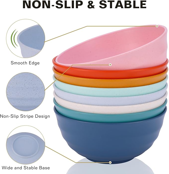 60 Oz Cereal Bowls, Deep Large Plastic Soup Salad Bowls Set of 8, Unbreakable Reusable Wheat Straw Dinnerware Sets Dishwasher Safe BPA-Free for Kitchen Pho Ramen, Black